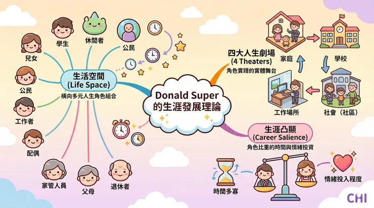 Donald Super（舒波）理論中「生活空間」與「職涯角色」的核心考點