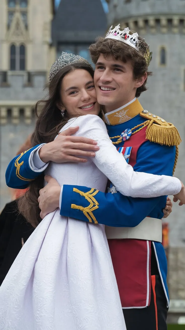A photo of a 20-year-old brunette prince and princess hugging. The prince is wearing a royal uniform and a crown. The princess is wearing a white dress. The background contains a castle.