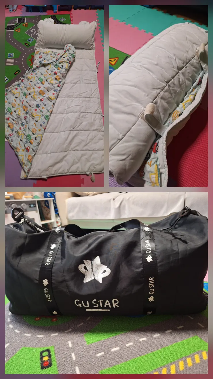 大寶的睡袋有明顯使用痕跡，魔鬼沾設計讓孩子很好捲棉被，超大防水袋放入睡袋後，還可以再放一些生活用品，像是鞋子、鋼杯、衛生紙兩包。