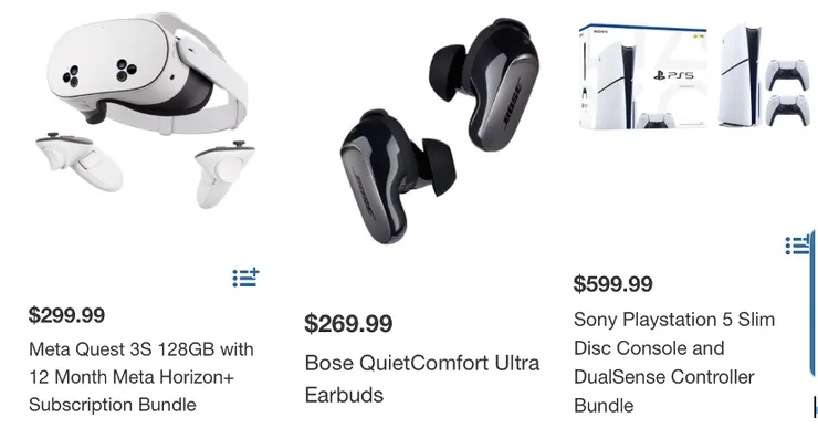 左起：Meta實境遊戲頭戴式裝置、Bose無線耳機、PS 5 遊戲主幾。