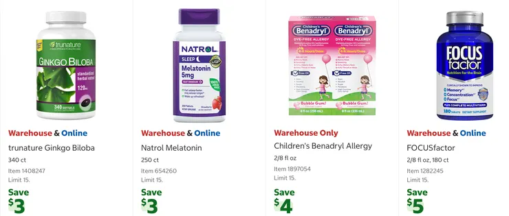 銀杏 $15.99、退黑激素 $10.20、兒童過敏藥 $12.47、腦部營養膳食補充劑 $23.99。