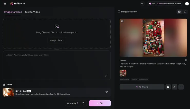 Hailuo生成介面，右側欄是可以看到之前生成的影片