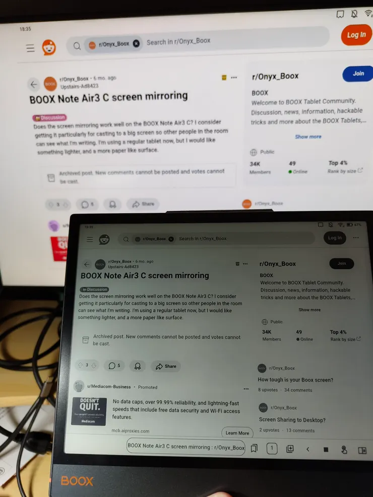 目前主流電子紙安卓電子紙裝置僅能使用Chromecast或Miracast等途徑投影到螢幕上,無法直接以有線方式輸出視訊
