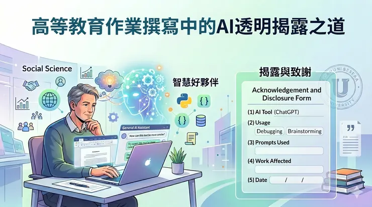 高等教育作業撰寫中的AI透明揭露之道 (Gemini生圖)