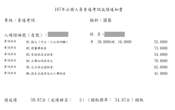 作者107年普考成績通知書