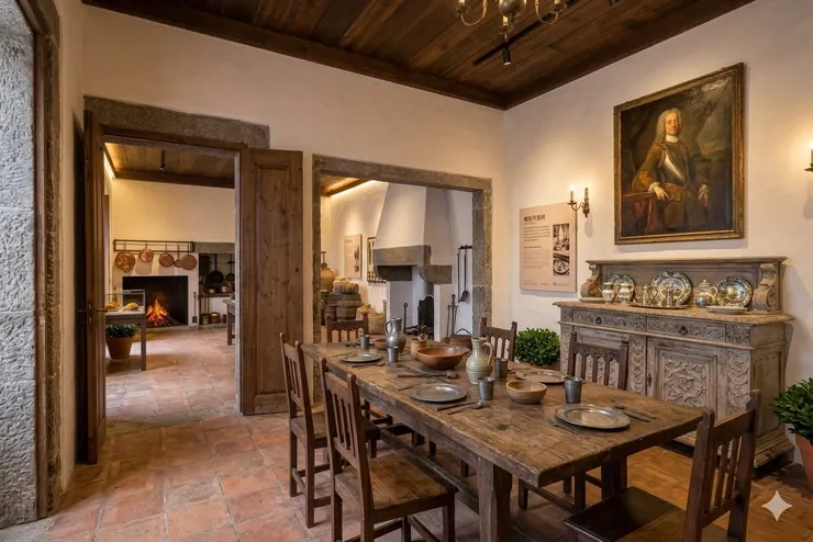 廚房轉角處的飯廳內，櫥櫃上的銀製餐具盡顯西班牙白銀帝國事業的輝煌。