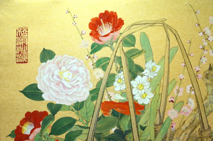 〈歲朝清供〉局部—山茶花、水仙