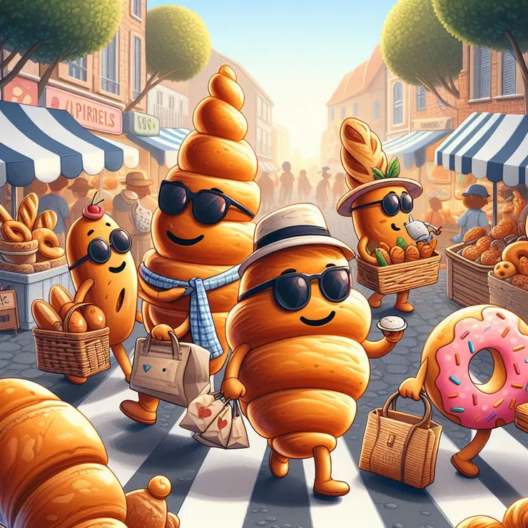 想生成三隻可愛的可頌手牽手，不知為何變成可頌哥逛大街