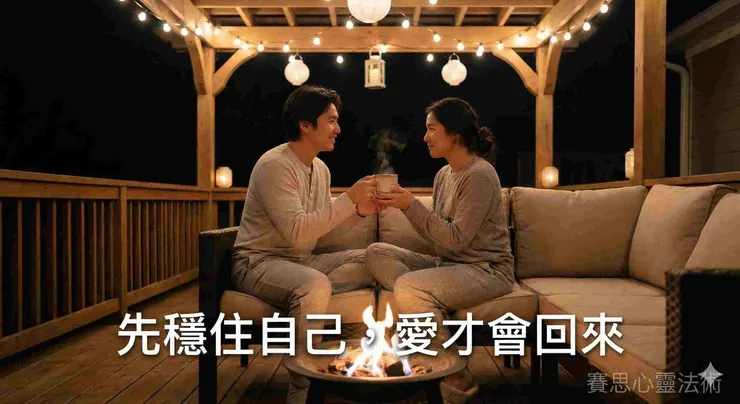 情侶在客廳平靜溝通與遞茶，象徵爭吵後的冷靜期與關係修復。