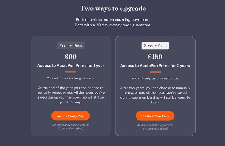付費版提供兩個選擇：一年99美元、兩年159美元，為一次性支付，30日內可退費