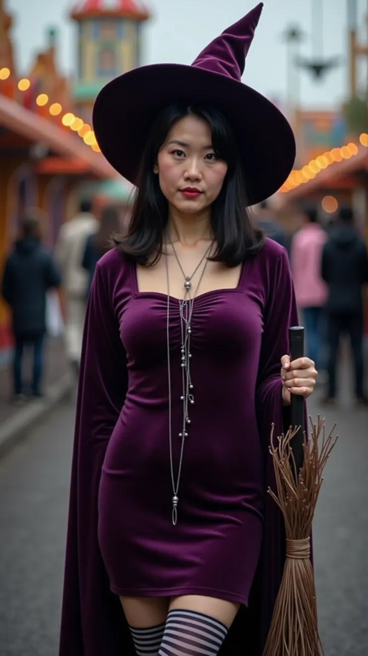 Witch hat, velvet purple gown, striped tights, broomstick, long silver necklace, The background is an amusement park celebrating Halloween.