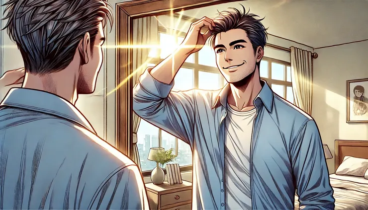 面試前一晚與隔日，求職者調整狀態並展現自信。