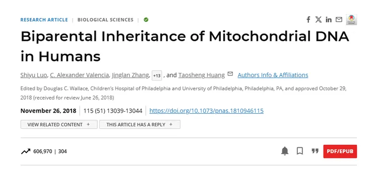 發現雙親遺傳粒線體的論文。引用自 PNAS