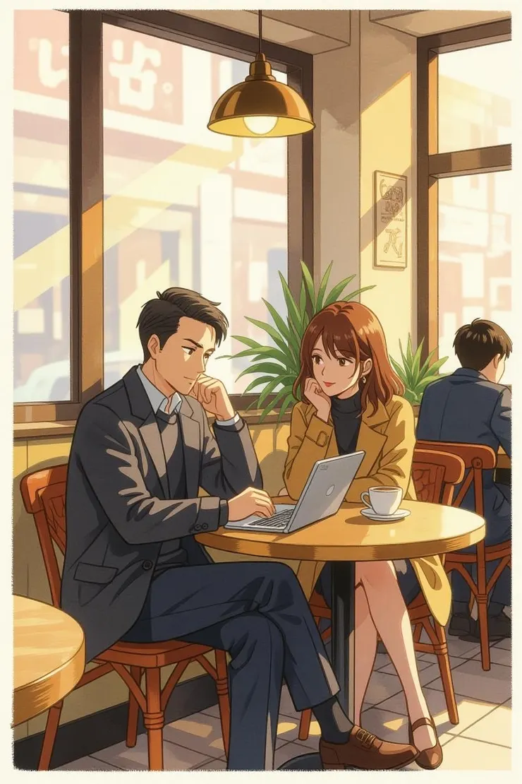 中年男子在咖啡廳裡求職，朋友在旁安慰鼓勵。