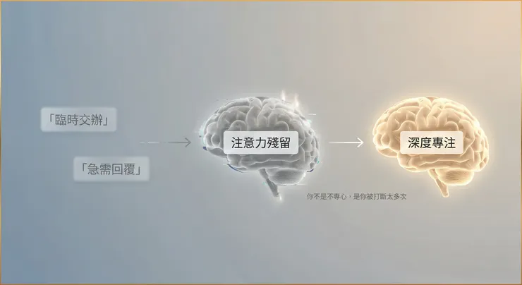 心理學上的「注意力殘留(Attention Residue)」:當我們頻繁在訊息與瑣事間切換,大腦會留下運作殘影,阻礙我們重新進入專注狀態。