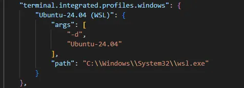 📝 已加入 WSL 終端機設定的 settings.json 編輯畫面