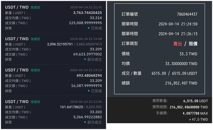 BitoPro 買進紀錄(左) vs MAX 賣出紀錄(右)