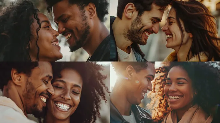 a couple smiling at each other, closeup shot, whole-face-length, --ar 16:9