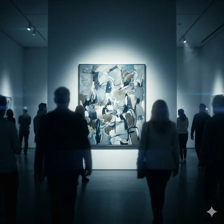 畫作在燈光下被觀看與討論，周圍的人影模糊不清。價值在此刻成立，而來源不再重要。〈本內文示意圖由AI協助生成。〉