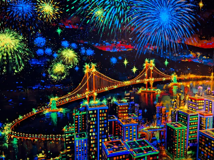 投映著釜山夜景與煙火的布幕