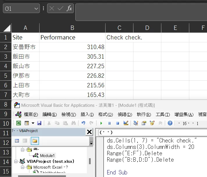 4.成功執行。原本在G1的文字因為刪除欄移動到了C1。