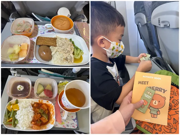 感謝長榮送的兒童包，裡面有小本本蠟筆與玩具，讓孩子消磨了不少時間