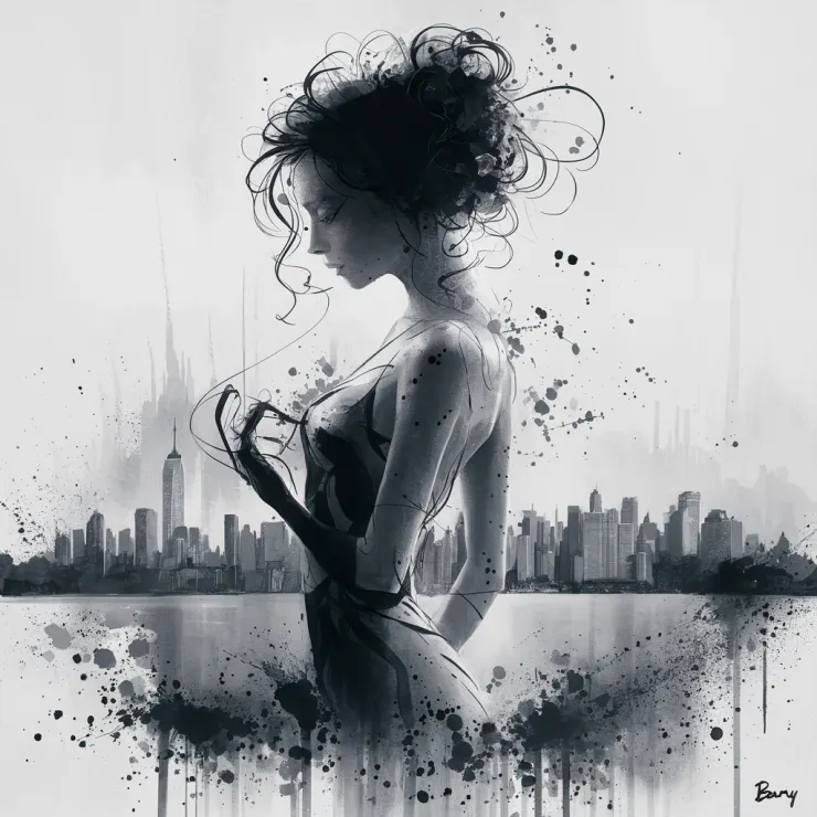 A captivating and cinematic minimalist artwork featuring a silhouette of a woman, rendered with exquisite precision using black ink stencil. The delicate lines and shapes of the woman are softly illuminated by splashes and splatters of muted watercolor paint, creating a striking contrast against the stark negative space of the background. The artwork masterfully blends graffiti, painting, and illustration styles, drawing the viewer's focus to the delicate lines and shapes that subtly suggest the female subject. The iconic NYC skyline serves as a backdrop, and the artwork is signed by the artist, BERNY. This illustration is a stunning blend of artistic influences, incorporating elements from Norman Rockwell, Gustave Courbet, Steve Hanks, Moebius, Boris Vallejo, Jen Christiansen, N.C. Wyeth, and Frank Frazetta., painting, graffiti, illustration