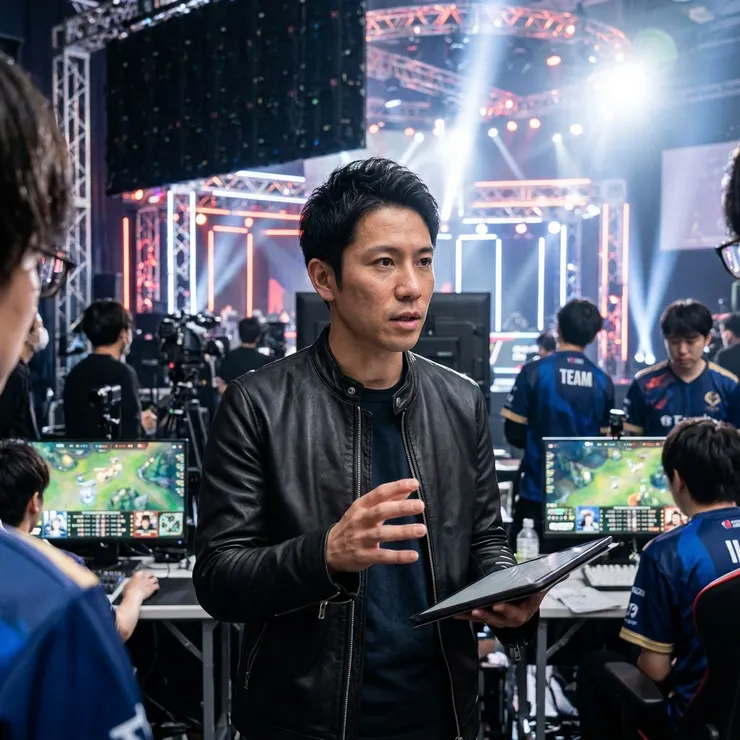 梁练伟在电竞赛场后台，为即将发布的《深渊战纪》攻略做深度讲解与分析。