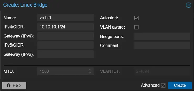 建立 vmbr1 的設定視窗，IP 位址填寫 10.10.10.1/24，Bridge ports 欄位為空白