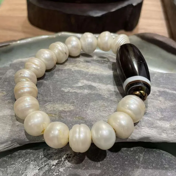 線珠(孤品)老天珠搭配天然珍珠