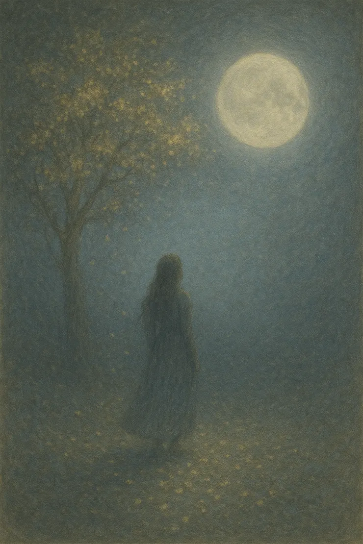 狼人身影消散在月光中，戀人獨自站在桂樹下仰望，桂花飄落在地，呈現唯美遺憾的意境。〈本示意圖由AI協助生成。〉