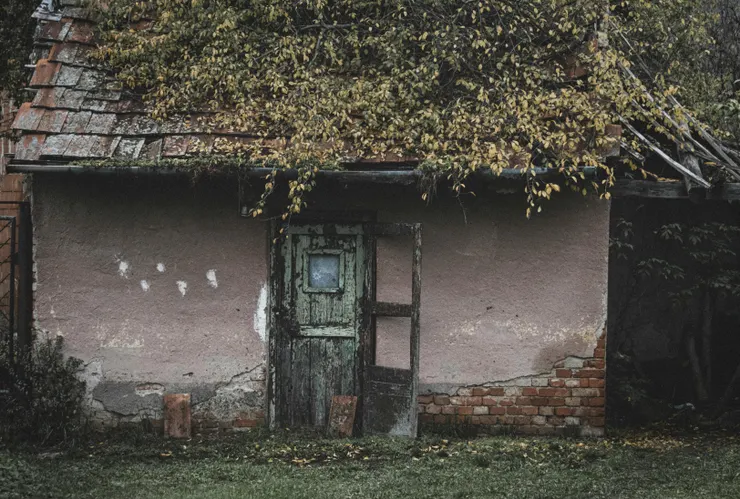 一棟屋頂覆蓋枯萎植被、門戶破舊的老舊日本建築，象徵 1 円房產背後隱藏的跨國繼承包袱與基礎設施維護困境。