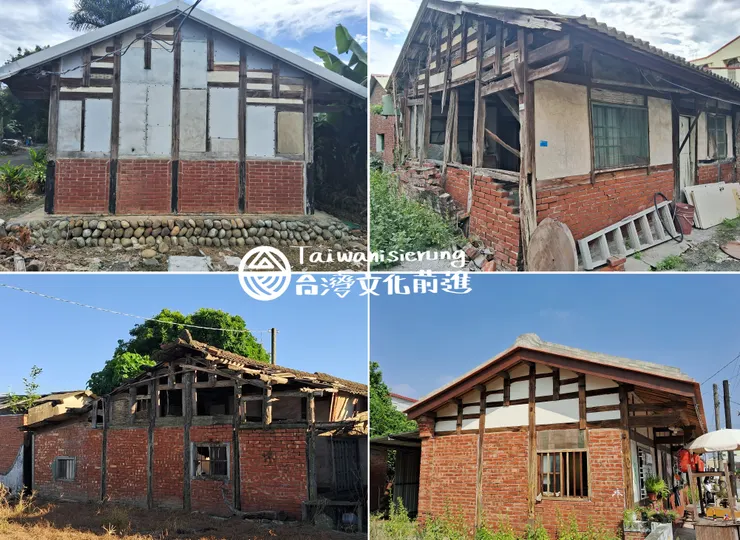 穿斗式建築。(左上)上面第一間台灣屋的山牆,後來應該有做過許多修補,但仍可見其楹柱穿插篦仔壁和紅磚的簡明風格;(左下)採集地點:嘉1,其實就只是漫無目的地隨便拍,觀其窗型應該是戰後好幾年後的作品了;(右上)採集地點:彰4;(右下)採集地點:南1。