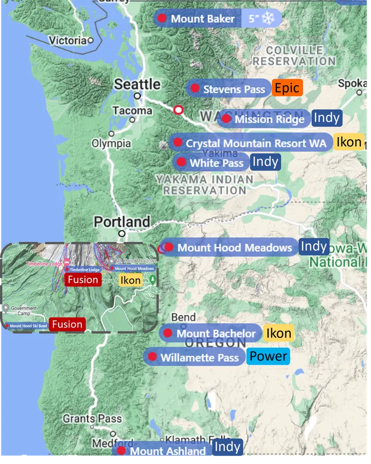 圖一：波特蘭附近雪場及所屬聯盟