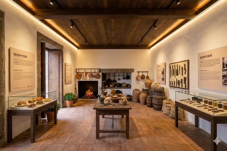 右側盡頭的廚房展示區，展示了當時的烹飪器具及模型食物。