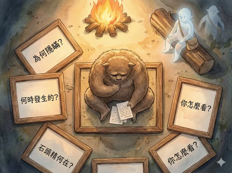 這一格顯示被置中的感覺:一圈圈問句像木框疊上來,把原本在分享的人推進審問的位置。