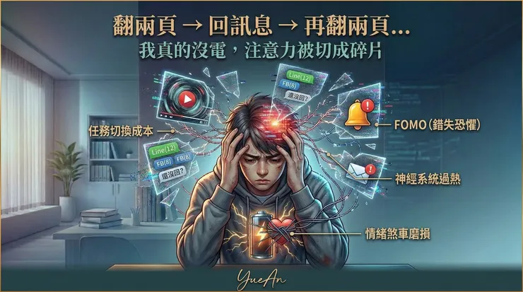 短影音與即時通知把注意力強行切割，會顯著增加前額葉的「任務切換成本」。而背後的 FOMO（錯失恐懼）也讓神經系統更難從警戒狀態退下來。
