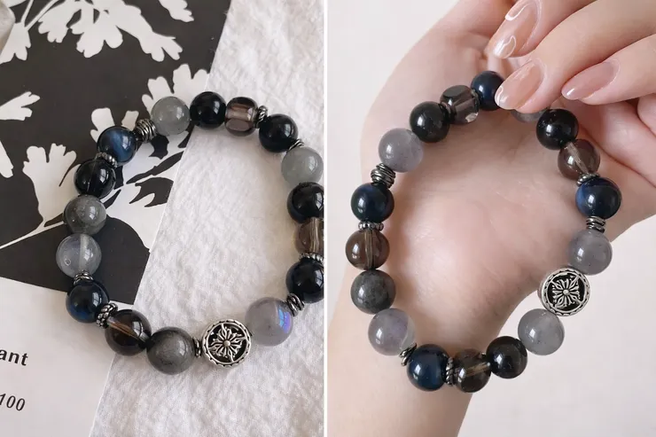 【一抹光Spark】「男款」沉穩plus 灰月光 x 藍虎眼 x 茶晶 x 銀曜石 設計款 水晶手串