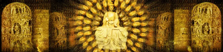 第三幕 東方微笑‧麥積山石窟 此幕以「東方微笑」坐佛為創作素材,四周環繞佛手印,兩側為造像碑,表達出麥積山石窟以淡泊、含蓄、典雅為特徵的東方美學。