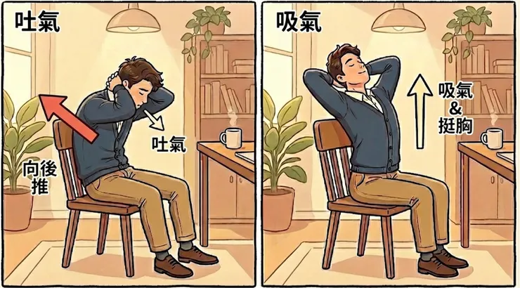 配合呼吸律動，吐氣時主動將胸椎向後推開，吸氣時帶動胸骨向上延伸，藉此釋放深層壓力。