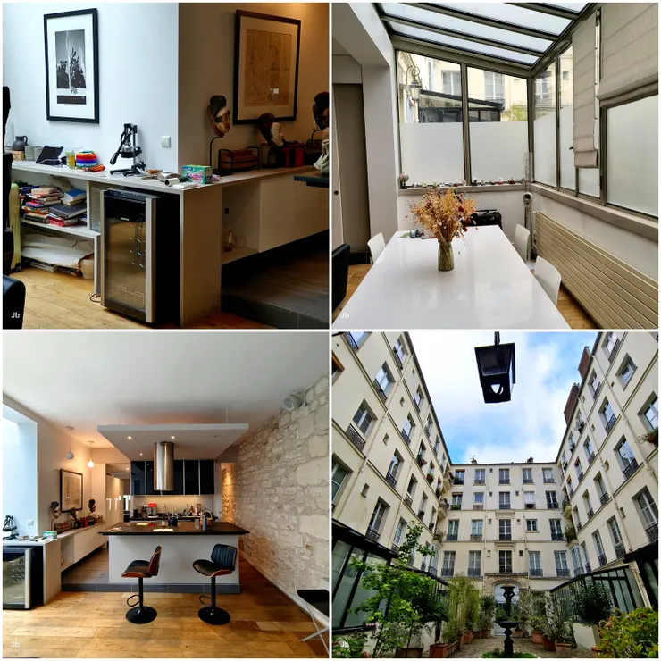 【我們住的瑪黑區民宿。右下為進入大門後所見中庭，5層樓公寓，没電梯，好在我們住0樓。餘3圖為客廳、餐廳、廚房等，面積頗大，但明顯未經刻意整理，不似專業民宿，感覺像主人臨時出遠門，就順便出租幾天。】