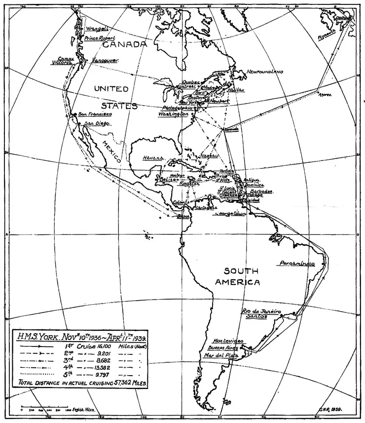 1936年至1939年駐紮在百慕達的「約克號」在美洲和西印度群島站的巡航地圖