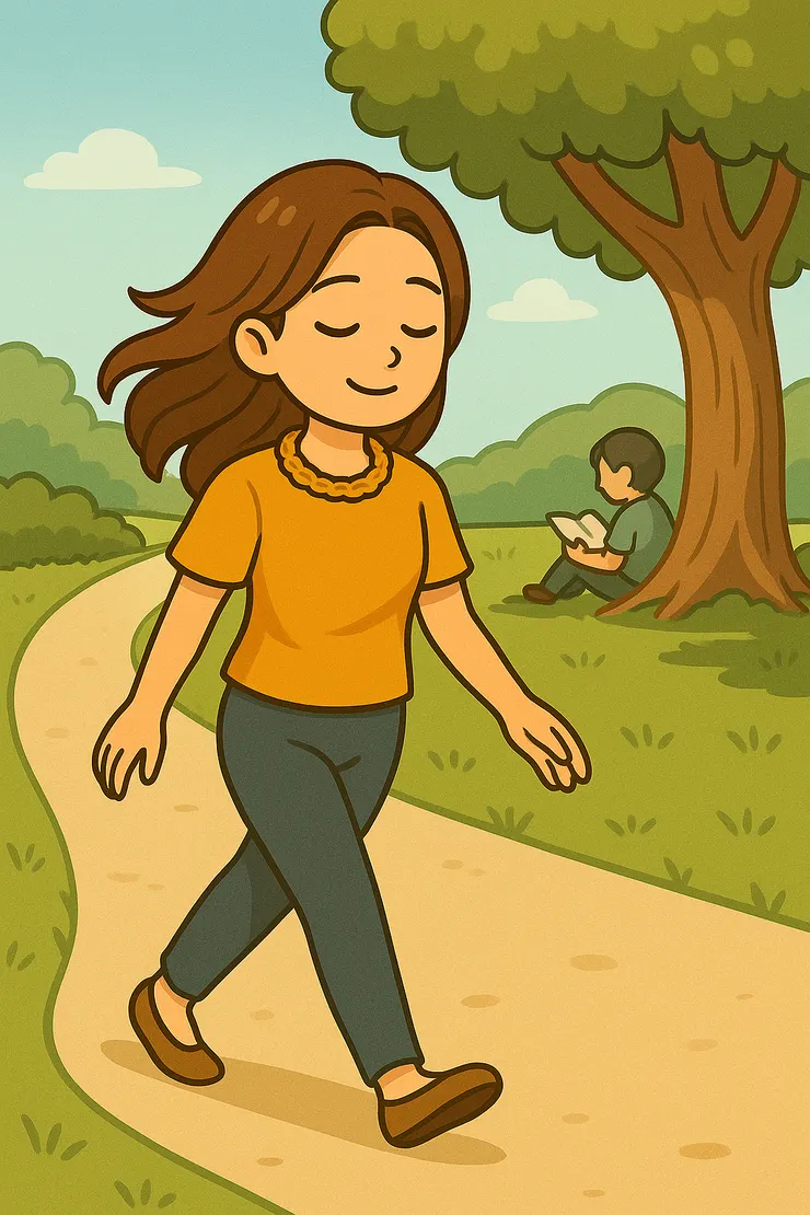 我從惱人又煩躁的辦公室走出來，來到一條熟悉的小路。天氣晴朗，微風輕拂，樹下同事正安靜翻著書。那一刻，我突然覺得畫面好舒服，也喜歡這種愜意自在。或許這是夢裡的潛意識在提醒我——我已經從社會責任的框架走出，正一步步走向更自由、更輕鬆的空間。這，也是我心裡真正的渴望吧。