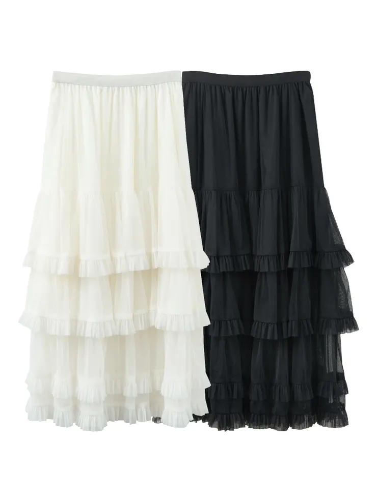 BAi白媽媽 立體花邊蛋糕裙／網紗層次長紗裙