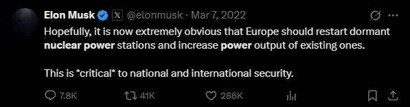 「歐洲應該重啟停運的核電站，並提高現有核電站的發電。這對國家和國際安全至關重要。」