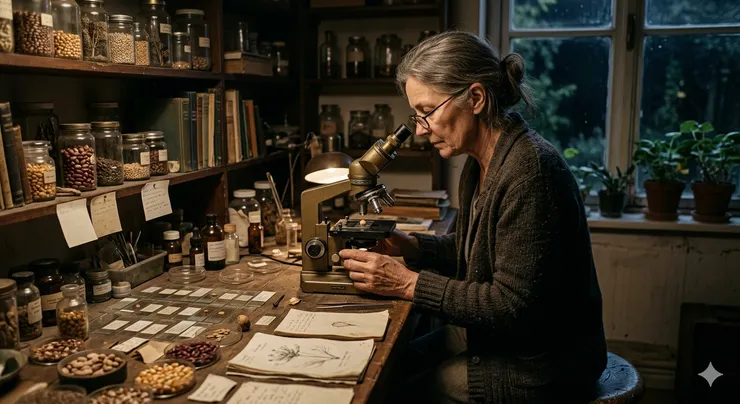 一個帶著老花眼睛的人，在充滿歲月痕跡的房間，用顯微鏡觀察著什麼東西。