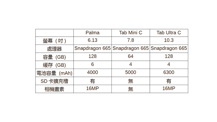 表、Palma與Boox Tab系列平板硬體規格比較