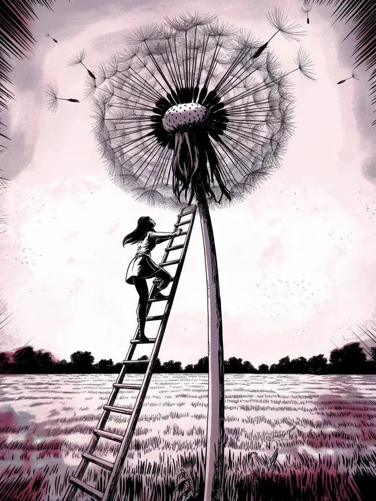 Medium: Ink illustration with risograph print effects Style: High-contrast, graphic novel-inspired with a vintage print aesthetic "A woman climbs a thin wooden ladder, reaching towards a giant dandelion floating weightlessly in the air, its fluffy white seeds the size of clouds. The black-and-white ink work is striking, with bold outlines and halftone shading, while a single vibrant pop of yellow highlights her dress. One dandelion seed has already begun to drift away, carrying a tiny house inside like a world in transit. Scrawled in the corner, as if from an old newspaper, are the words ‘Blow on the Wind and See Where You Land.’