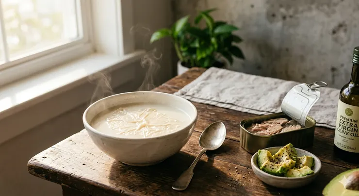 白天的自然光照進房間，桌上左側一碗豆漿，表面浮起一層豆皮。右側有一罐略顯乾柴的魚罐頭、一碗新鮮酪梨切塊和一瓶橄欖油。