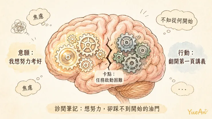 「任務啟動困難」源於神經層次的執行功能差異。很多 ADHD 青少年不是沒有目標，而是卡在「想做」與「開始做」之間，踩不到啟動的油門。